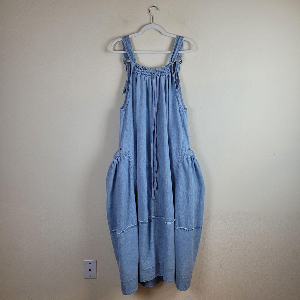 Free People Dress Medium Blue Denim Machu Barrel Relaxed Midi Boho Oversized - Picture 5 of 11